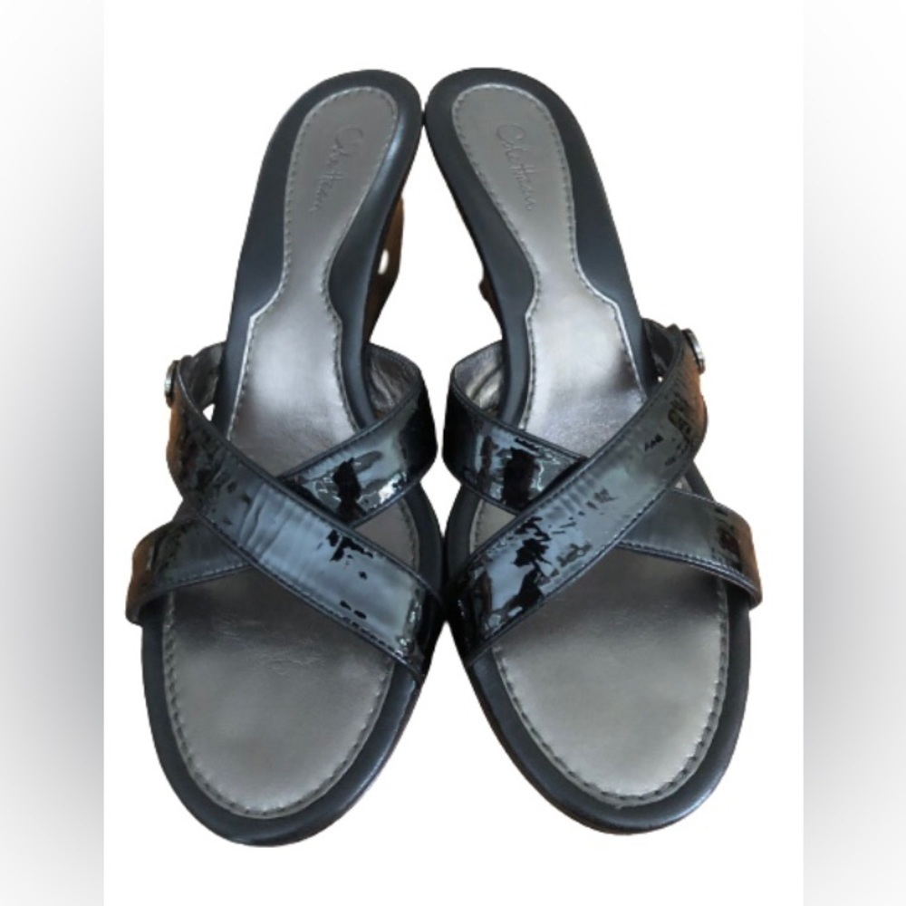 Cole Haan Black Patent Leather Wedge Sandals